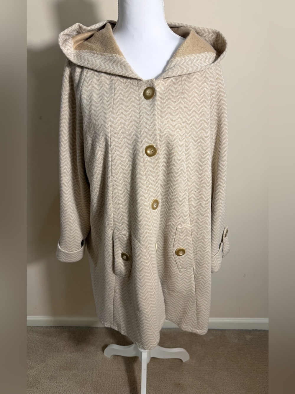Hooded Tan Button Down Flared Jacket with Chevron Pattern Size 1X